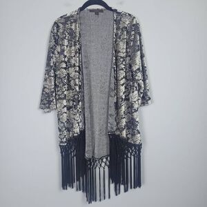 Fever Womens Floral Velvet Burnout Fringe Cardigan Black Large Whimsigoth Witchy